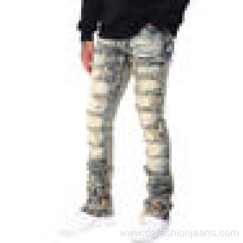 Custom Mens Stacked Slim Fit Distressed Denim Pants